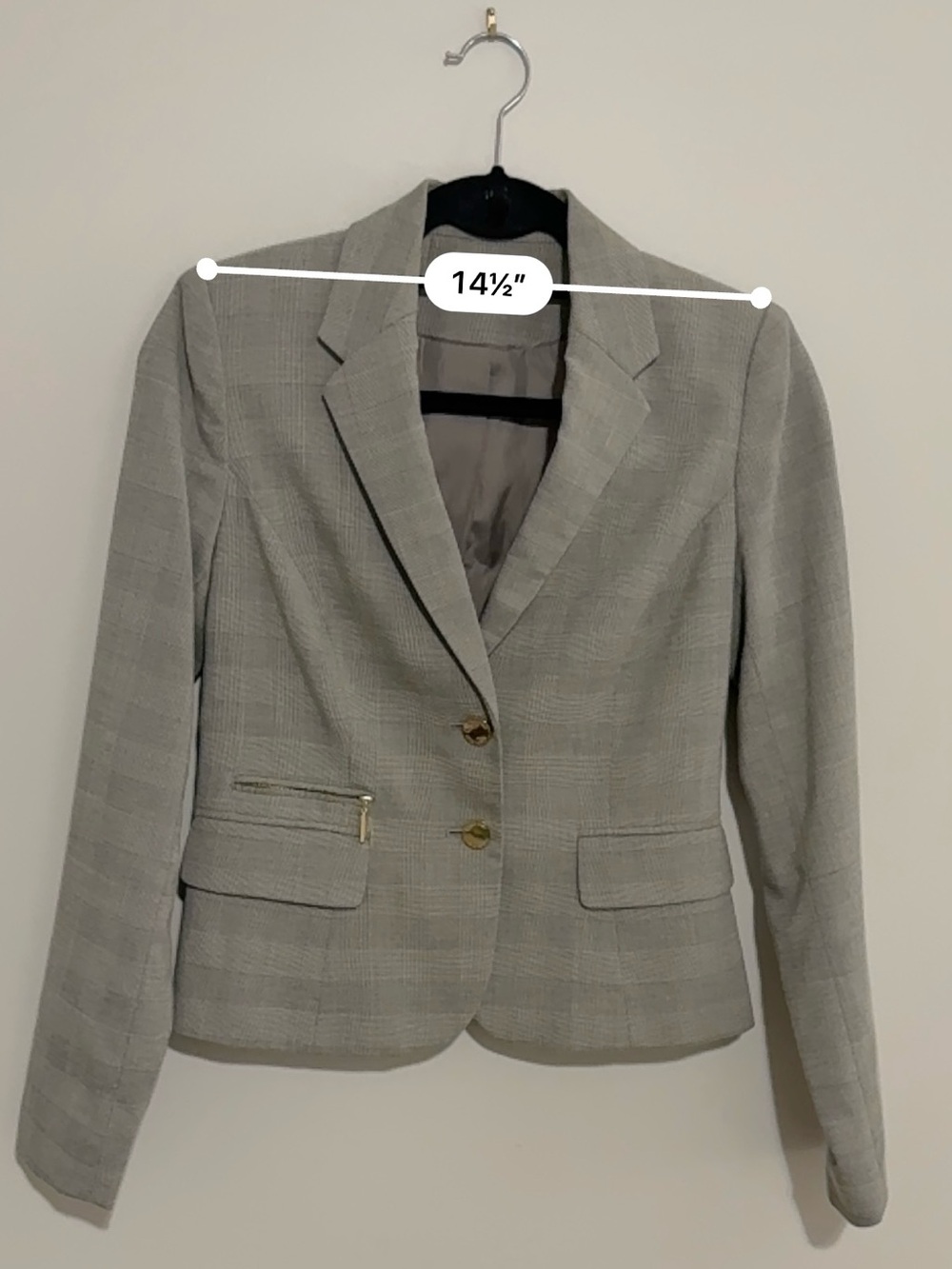Calvin Klein Women’s Light Gray Plaid Fitted Blazer with Gold Buttons - Picture 8 of 9